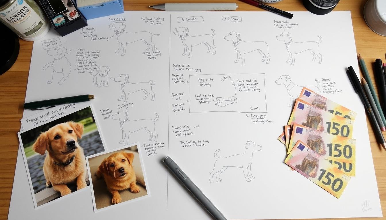 Planungsskizze für ein Hunde-Geldgeschenk mit verschiedenen Designoptionen