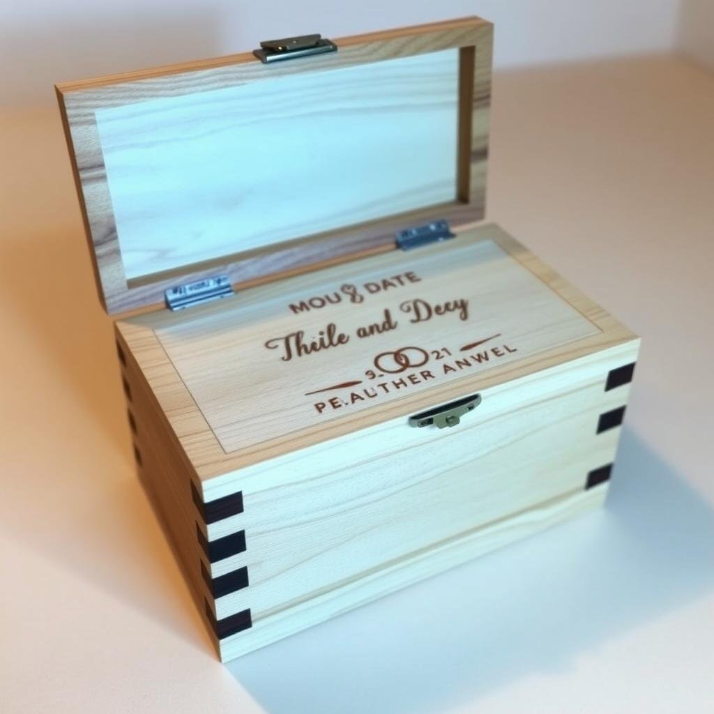 Professionelle Lasergravur auf Holzbox für Geldgeschenk zur Hochzeit
