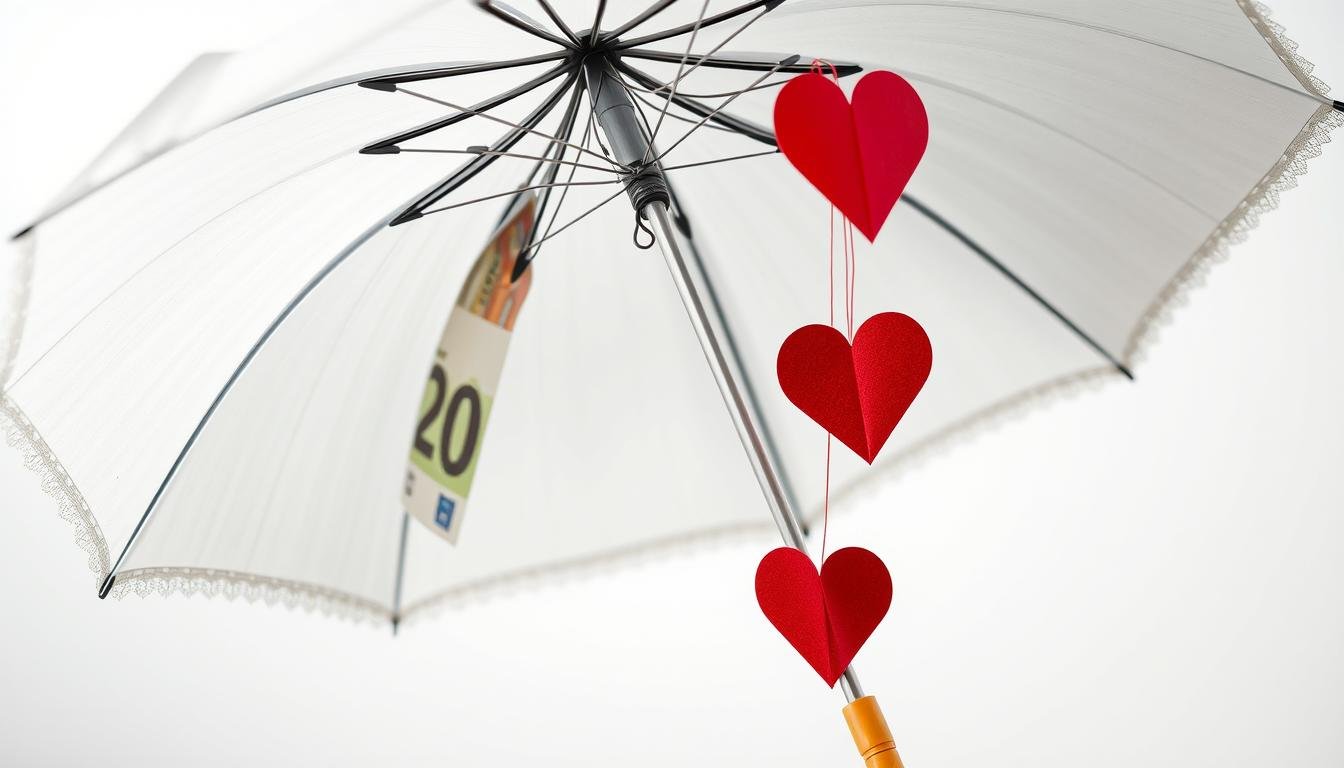 Regenschirm Geldgeschenk für Hochzeit mit Geldscheinen und Herzen dekoriert