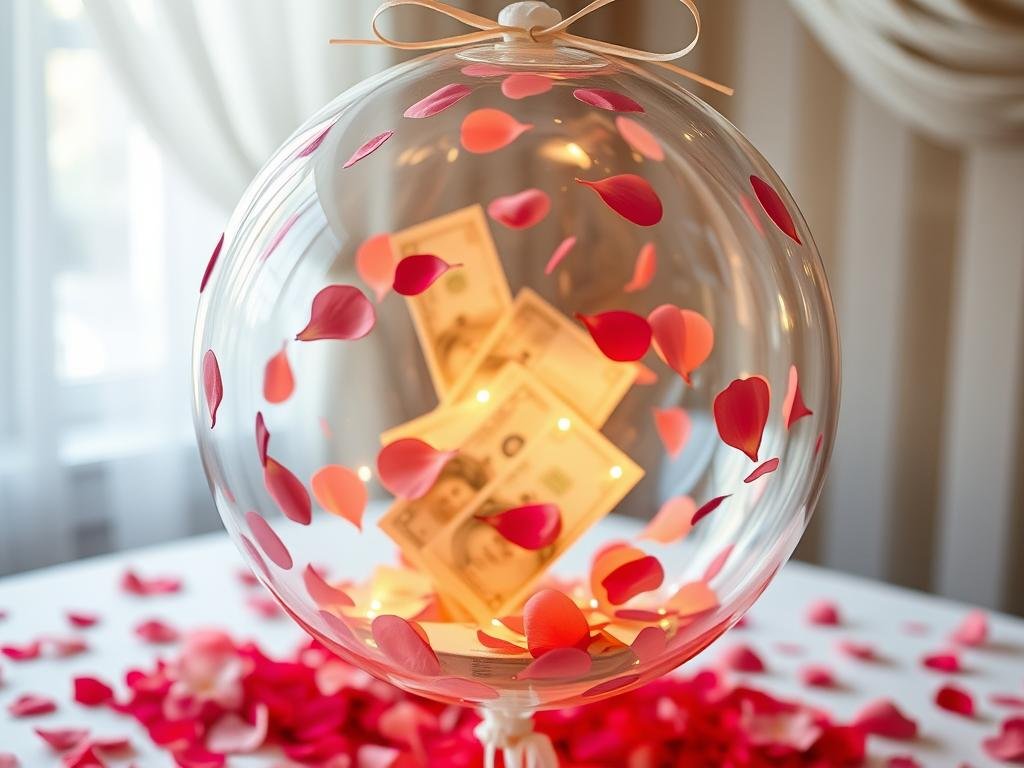 Romantisch dekoriertes Geldgeschenk Hochzeit Ballon mit Rosen und Herzen Romantisch dekoriertes Geldgeschenk Hochzeit Ballon mit Rosen und Herzen
