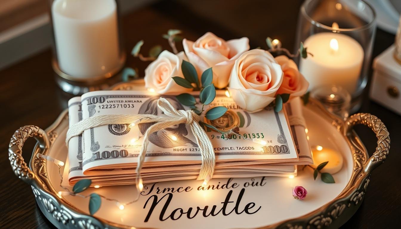 Romantisch gestyltes Geldgeschenk mit Blumen und Lichtern als originell geldgeschenk hochzeit Romantisch gestyltes Geldgeschenk mit Blumen und Lichtern als originell geldgeschenk hochzeit