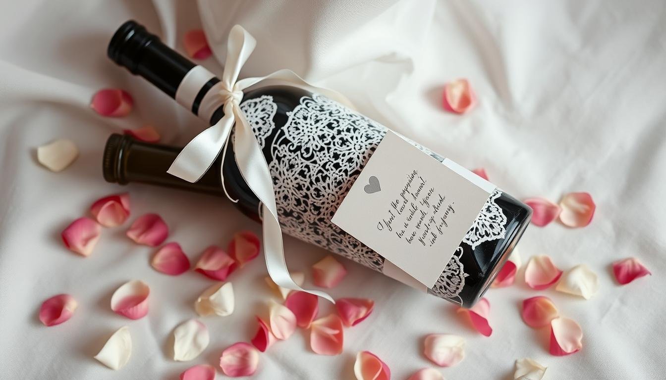 Romantisch verpackte Flasche Geldgeschenk Hochzeit mit Rosenblättern