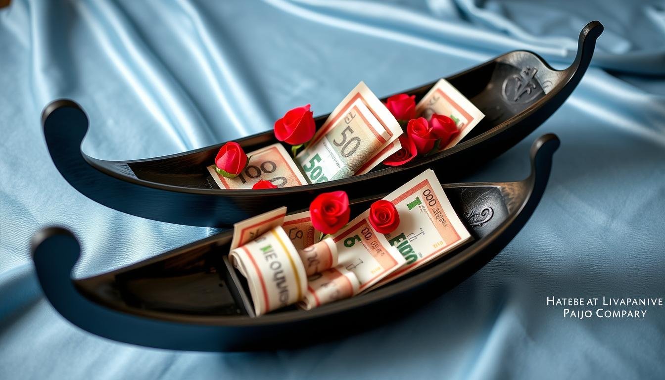Romantische Gondel als Geldgeschenk Hochzeit Schiff mit Geldscheinen und Rosen