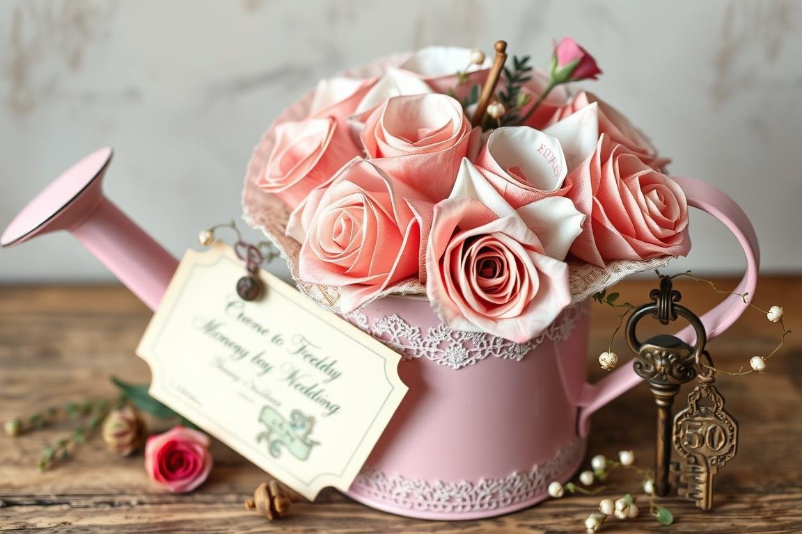 Romantische Rosa-Vintage-Gießkanne als Geldgeschenk für eine Hochzeit