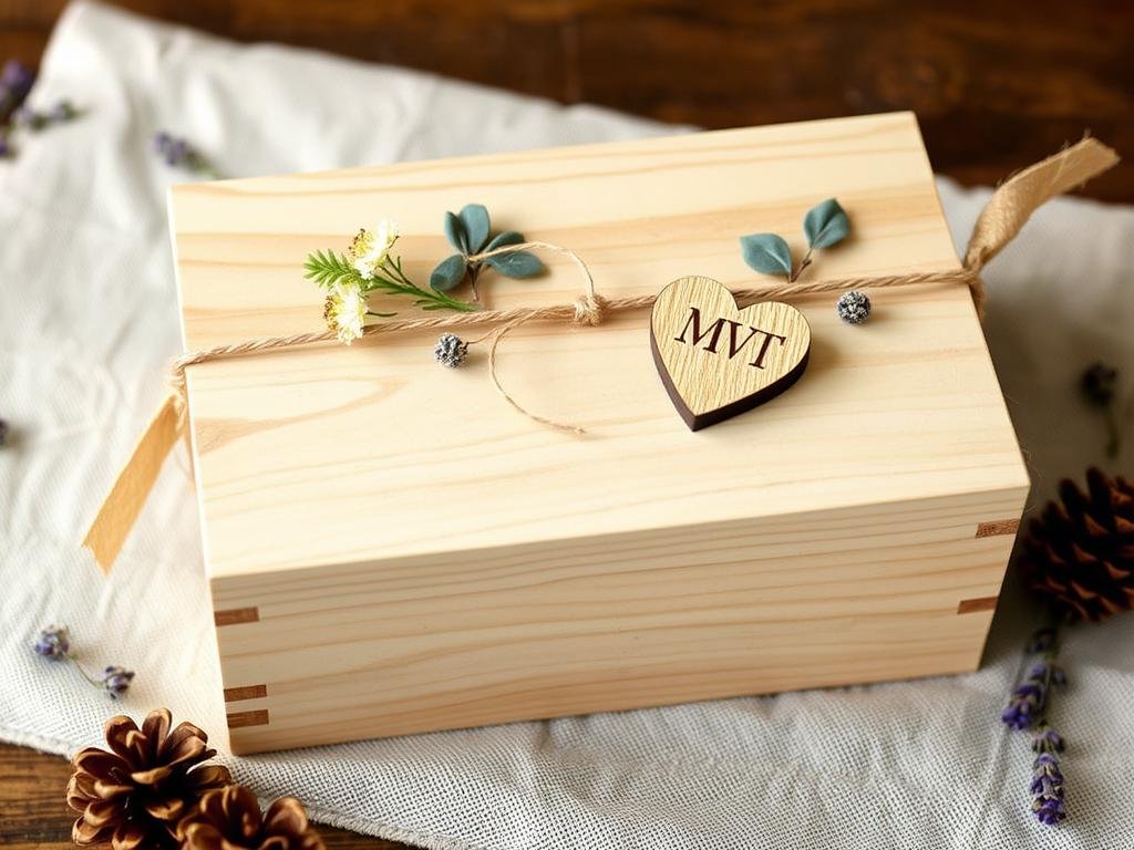 Rustikale Geldgeschenk Hochzeit Box aus Holz mit Naturmaterialien dekoriert Rustikale Geldgeschenk Hochzeit Box aus Holz mit Naturmaterialien dekoriert