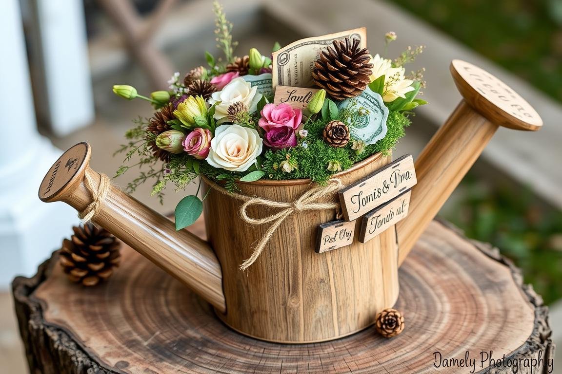Rustikale Holz-Optik Gießkanne als Geldgeschenk für eine Hochzeit