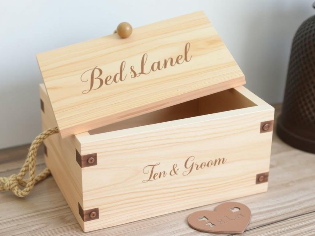 Rustikale Holzbox für Geldgeschenk zur Hochzeit mit gravierten Initialen