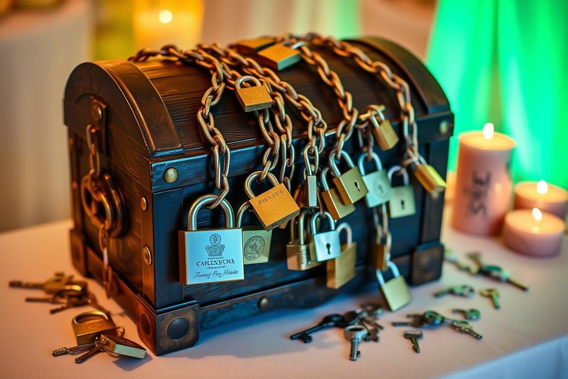 Schatztruhe mit Kette und mehreren Schlössern als Hochzeitsspiel
