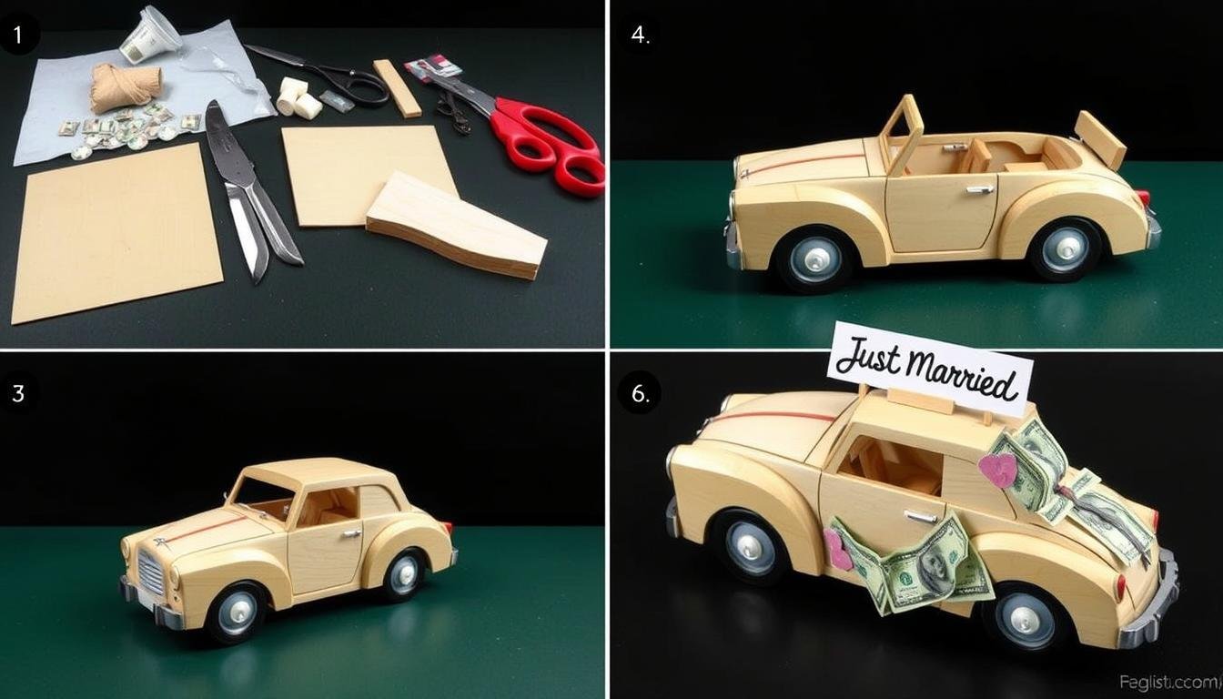 Schritt-für-Schritt Anleitung für Holz-Auto Geldgeschenk mit Just Married Schild