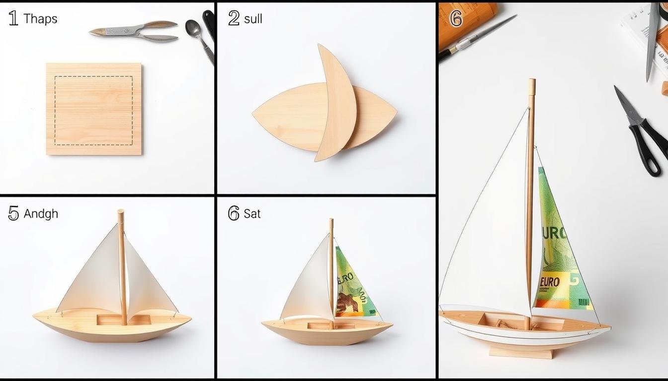 Schritt-für-Schritt Anleitung für ein Geldgeschenk Hochzeit Schiff im klassischen Segelboot-Design