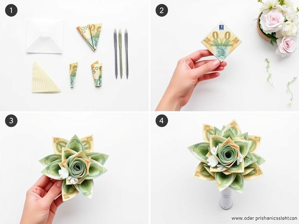Schritt-für-Schritt Anleitung für einen Geldblumenstrauß als Verpackung Geldgeschenk Hochzeit Schritt-für-Schritt Anleitung für einen Geldblumenstrauß als Verpackung Geldgeschenk Hochzeit