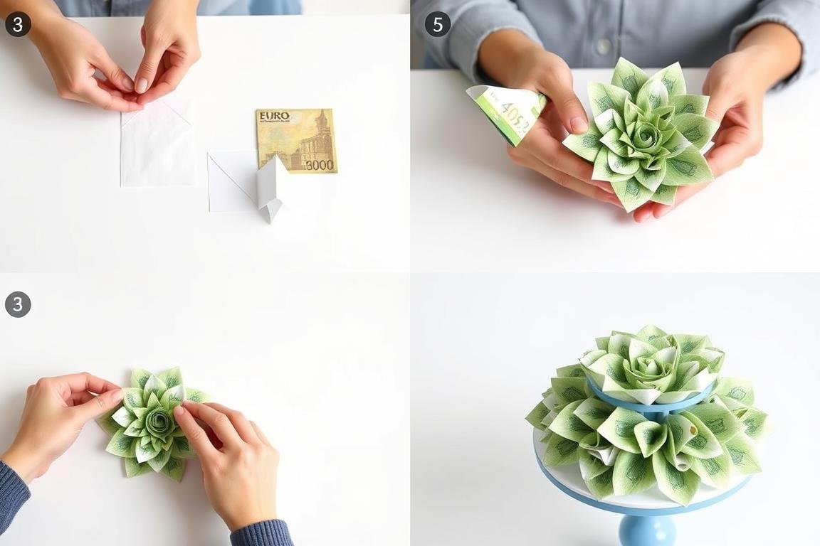 Schritt-für-Schritt Anleitung zum Falten von Geldblumen für eine Hochzeits-Etagere