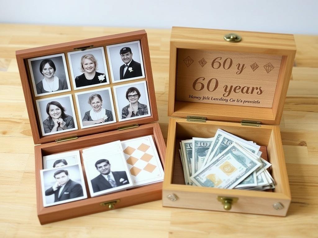 Selbstgemachtes Memory-Spiel mit Familienfotos und verstecktem Geldgeschenk zur Diamantenen Hochzeit