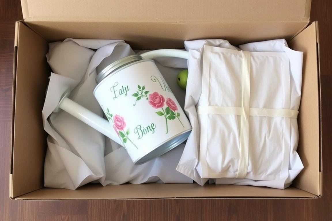 Sichere Verpackung einer Gießkanne für den Transport zum Hochzeitsfest