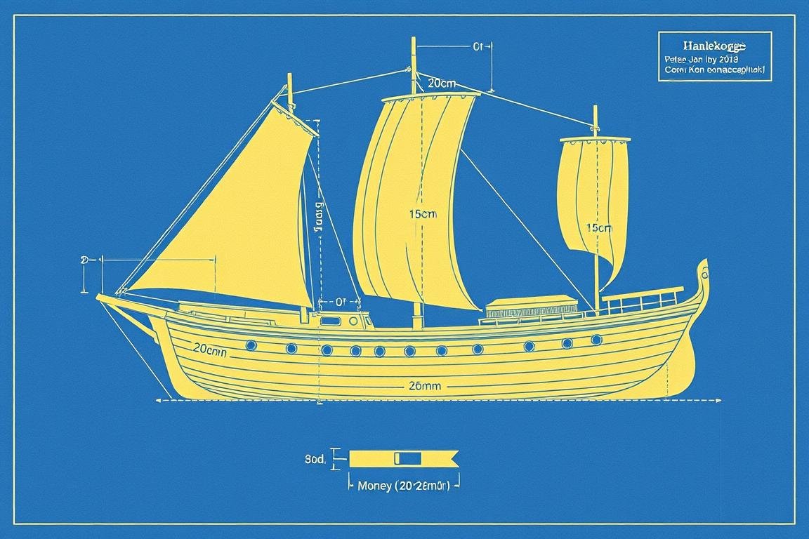Technische Zeichnung einer Hansekogge mit Maßen für das Geldgeschenk Hochzeit Schiff