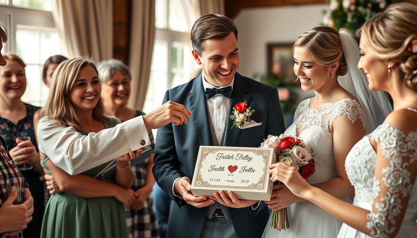 Traditionelle deutsche Hochzeit mit Übergabe eines personalisierten Geldgeschenks