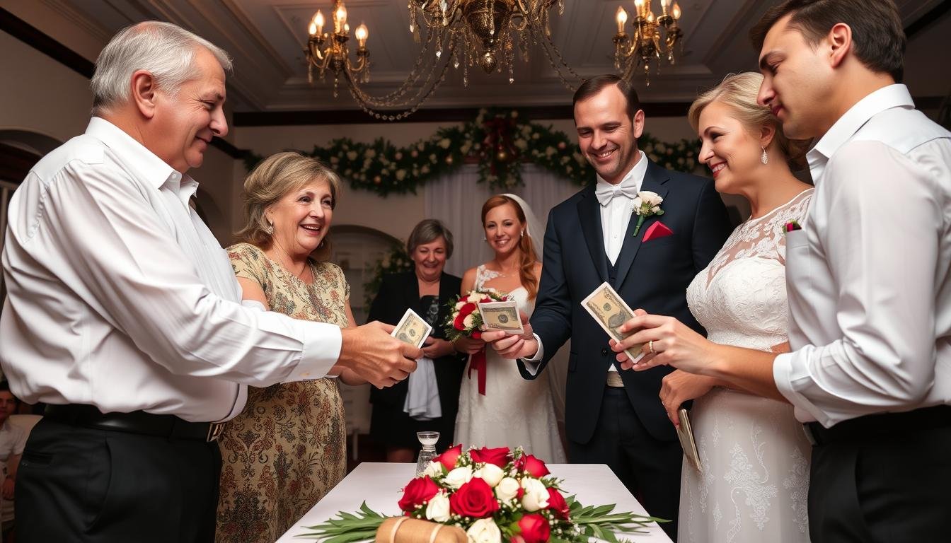 Traditionelle deutsche Hochzeitsfeier mit Geldgeschenk Hochzeit Familie