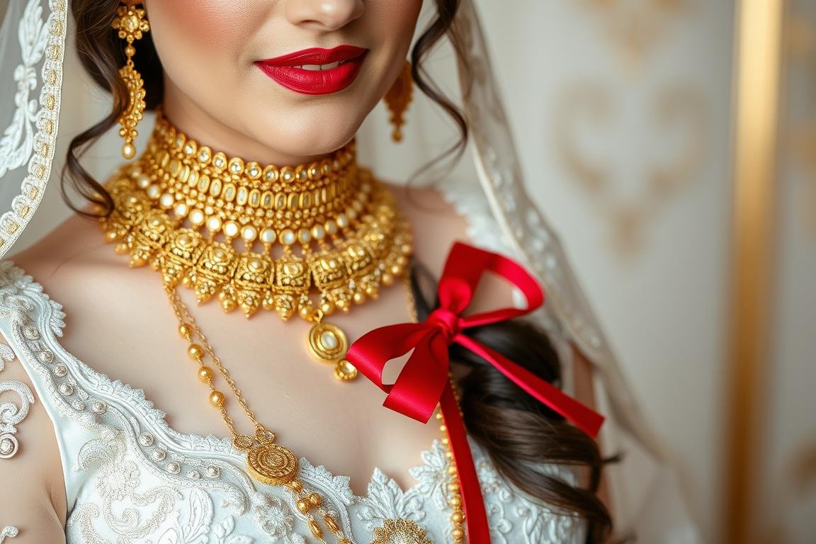 Türkische Braut mit traditionellem Goldschmuck und roten Bändern für Geldgeschenk türkische Hochzeit