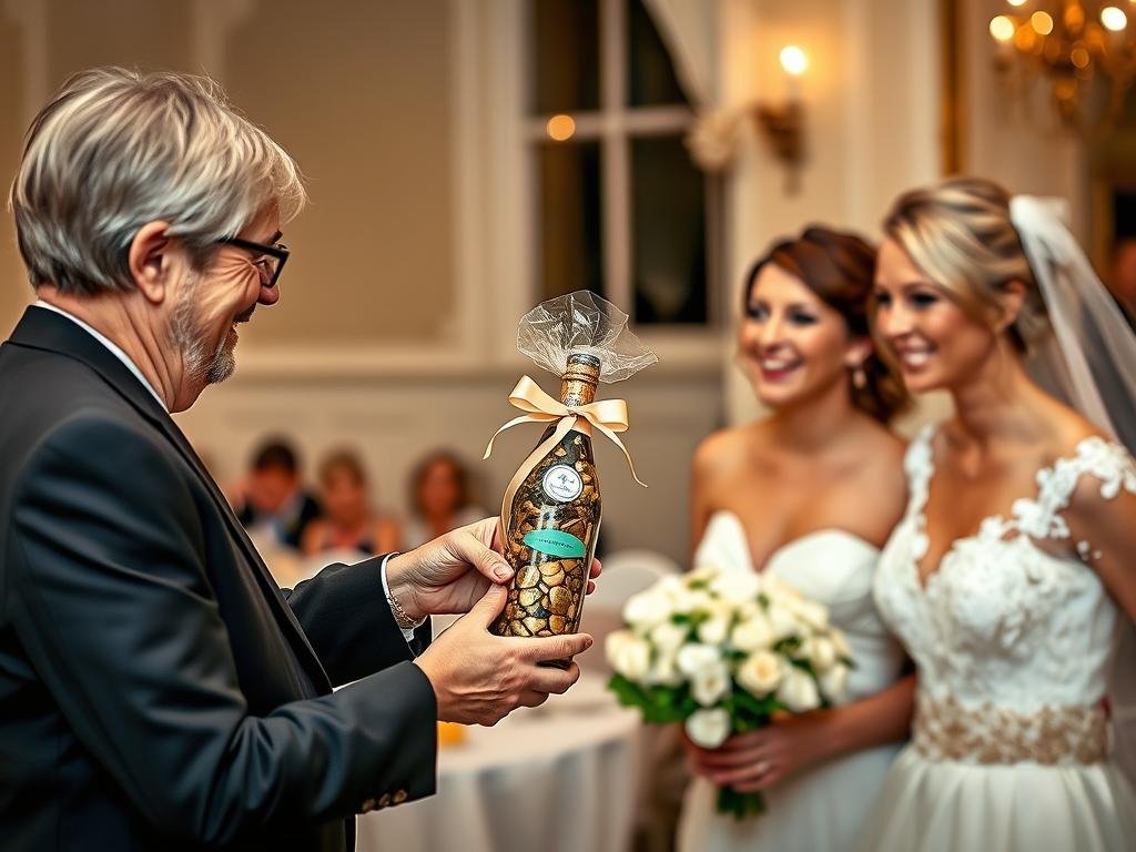 Übergabe eines Flasche Geldgeschenks bei einer Hochzeit