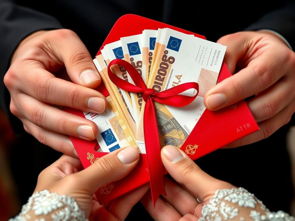 Überreichung eines Geldgeschenk türkische Hochzeit mit traditioneller roter Schleife