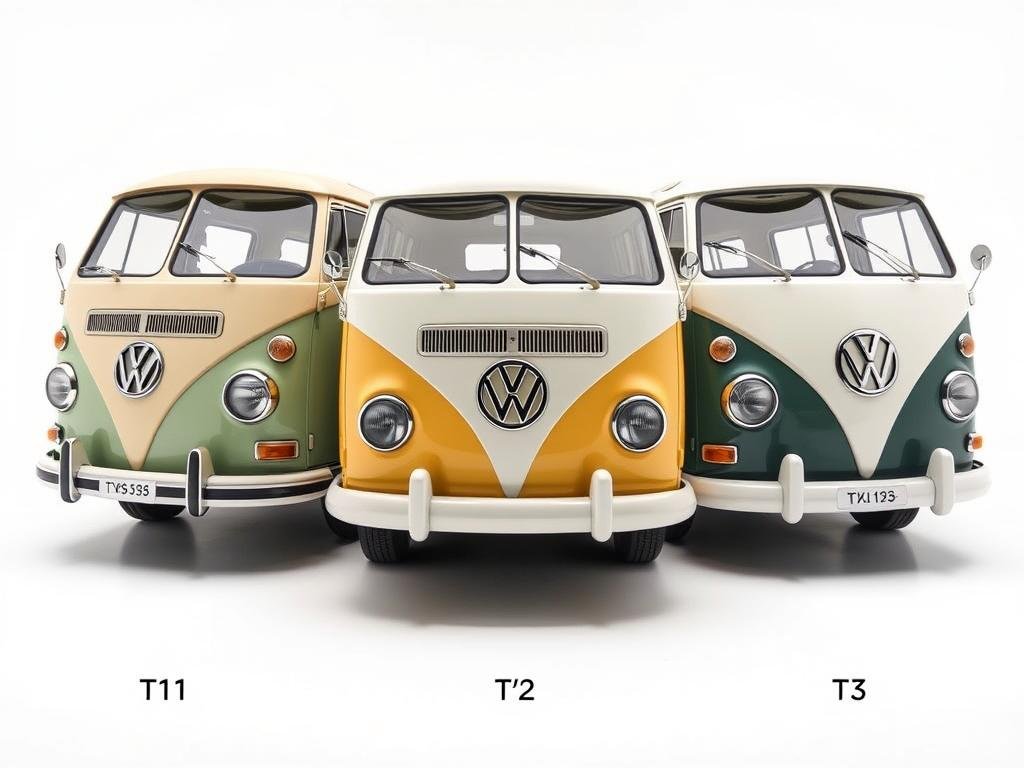 Vergleich der drei klassischen VW Bus Generationen T1, T2 und T3 nebeneinander
