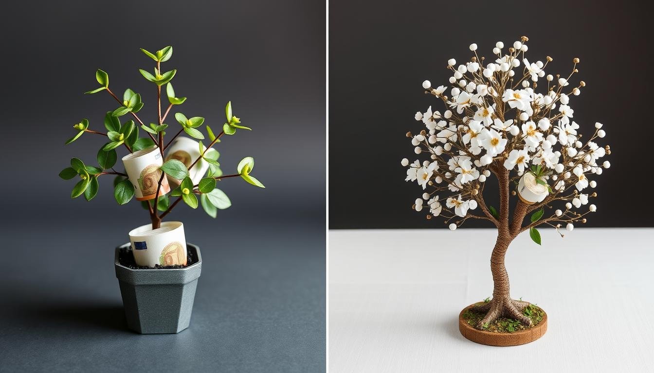 Vergleich zwischen lebendem und künstlichem Geldbaum für Hochzeitsgeschenke