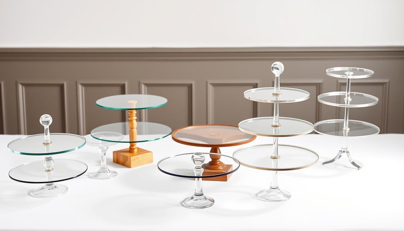 Verschiedene Etageren-Typen aus Glas, Metall, Holz und Acryl für Geldgeschenk Hochzeit Etagere
