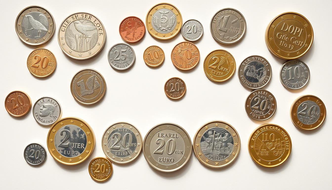 Verschiedene Euro-Münzen und Gedenkmünzen für Hochzeitsgeschenke sortiert nach Wert Verschiedene Euro-Münzen und Gedenkmünzen für Hochzeitsgeschenke sortiert nach Wert
