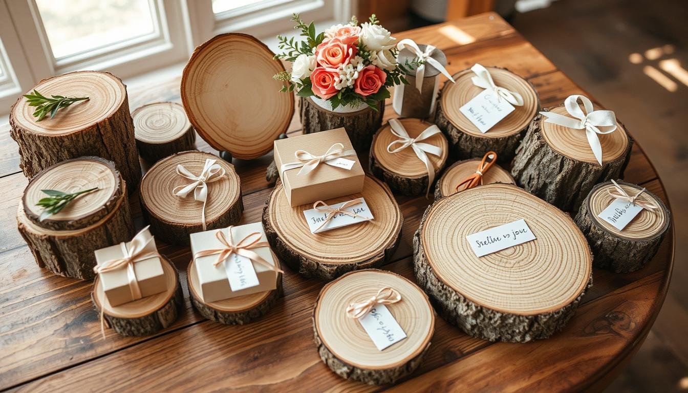 Verschiedene Geldgeschenk Hochzeit Holz Ideen auf einem rustikalen Tisch arrangiert