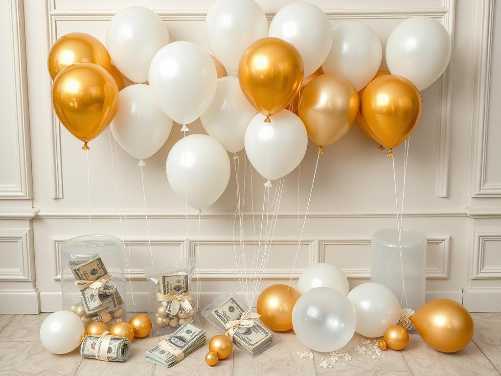 Verschiedene Latex-Ballons für Geldgeschenk Hochzeit Ballon in weiß und gold Verschiedene Latex-Ballons für Geldgeschenk Hochzeit Ballon in weiß und gold