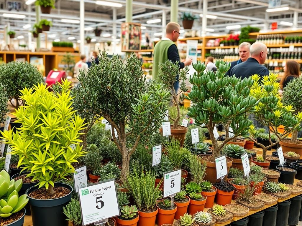 Verschiedene Pflanzenarten für Geldgeschenk Hochzeit Baum in einem deutschen Gartencenter