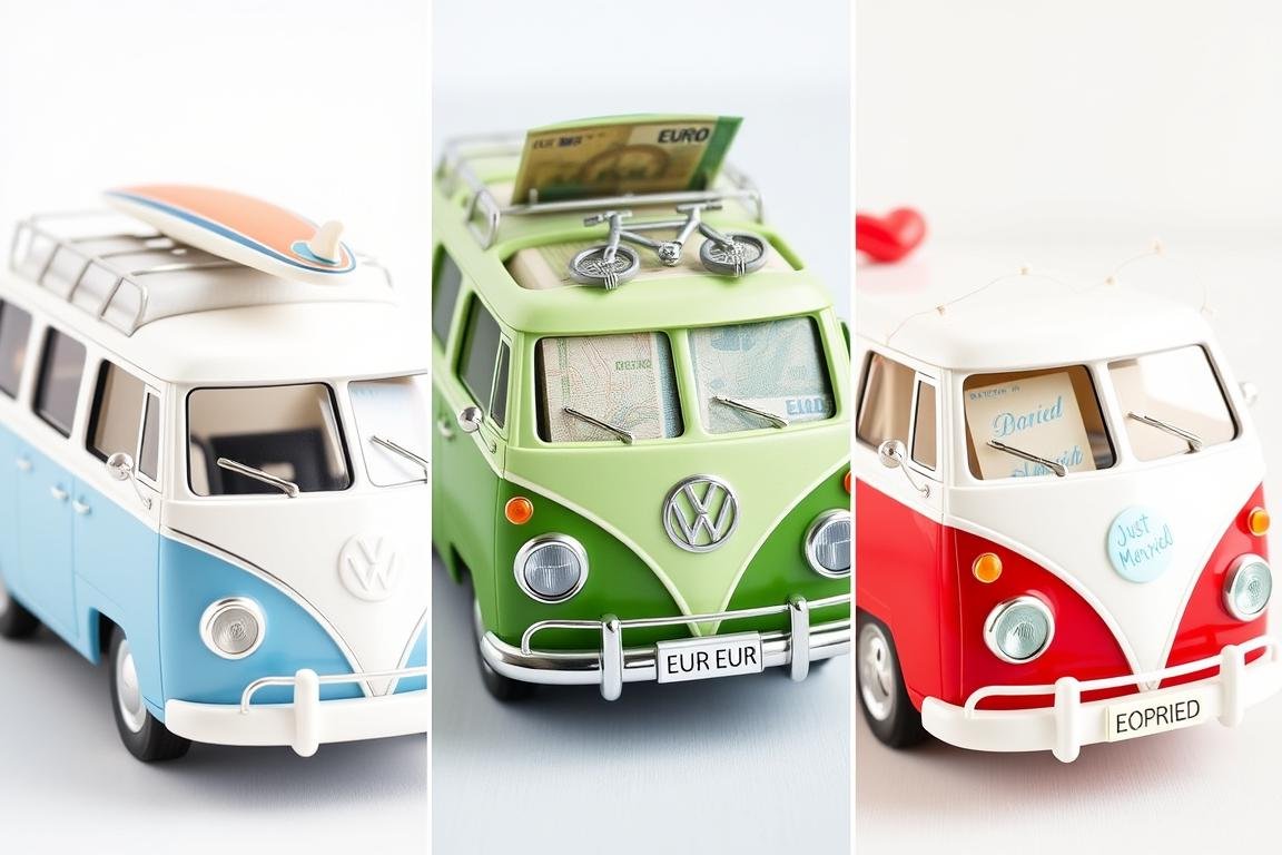 Verschiedene Styling-Varianten für Geldgeschenk Hochzeit Camping mit Van Life Thema