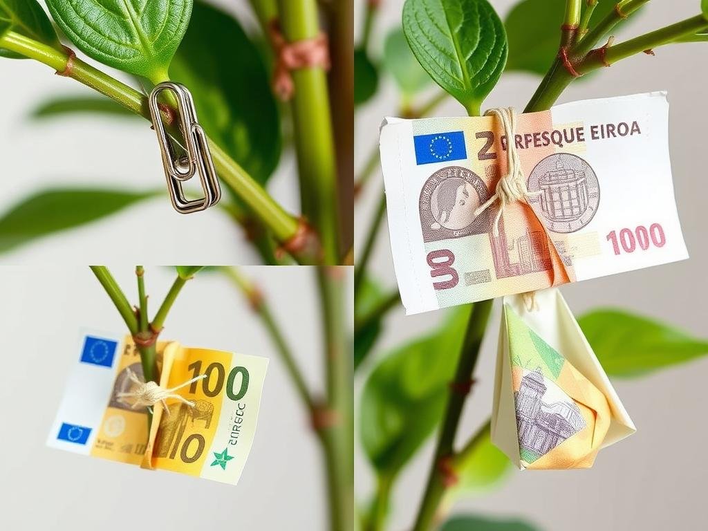 Verschiedene Techniken zur Befestigung von Geldscheinen an Pflanzen
