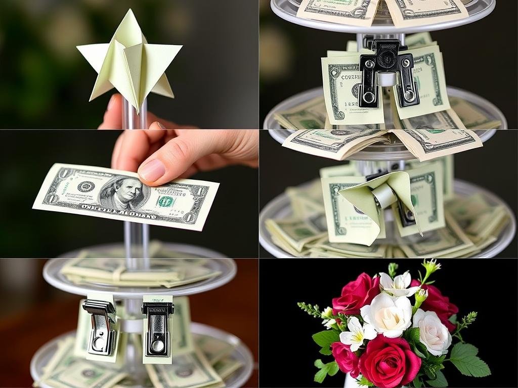 Verschiedene Techniken zur Befestigung von Geldscheinen an einer Etagere für Hochzeitsgeschenke