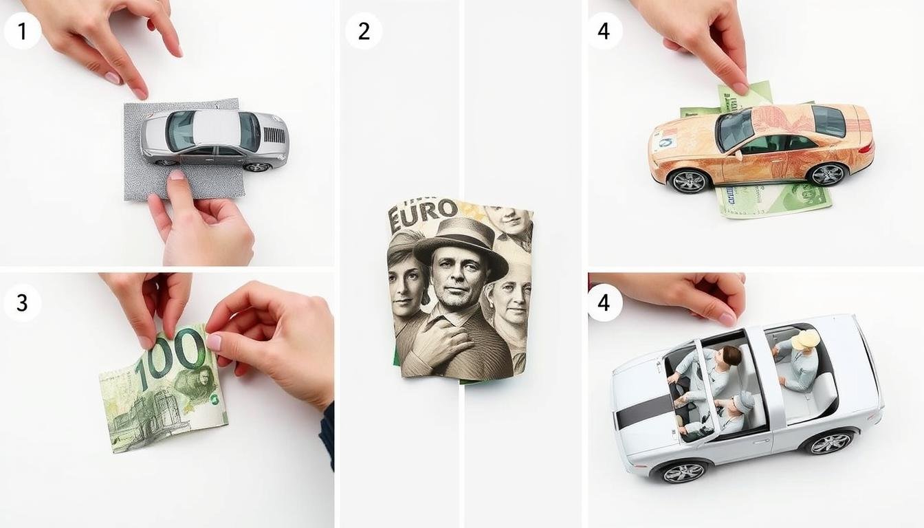 Verschiedene Techniken zur Integration von Geldscheinen in Geldgeschenk Bild Hochzeit mit Auto-Motiven