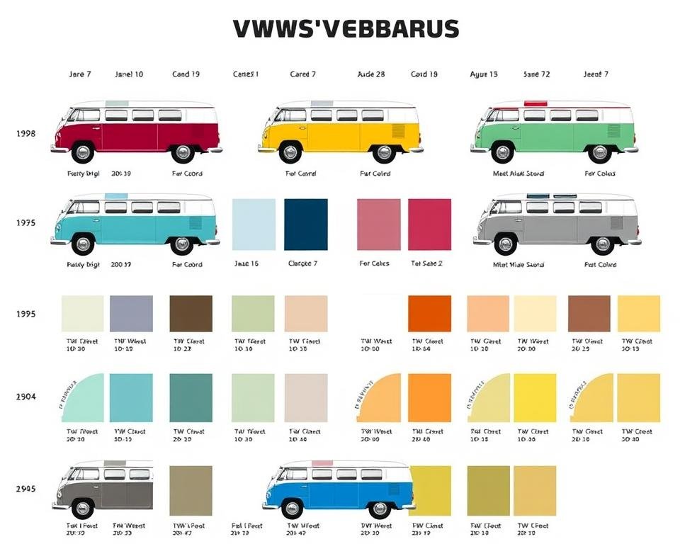 Verschiedene klassische VW Bus Farbkombinationen mit originalen Farbcodes