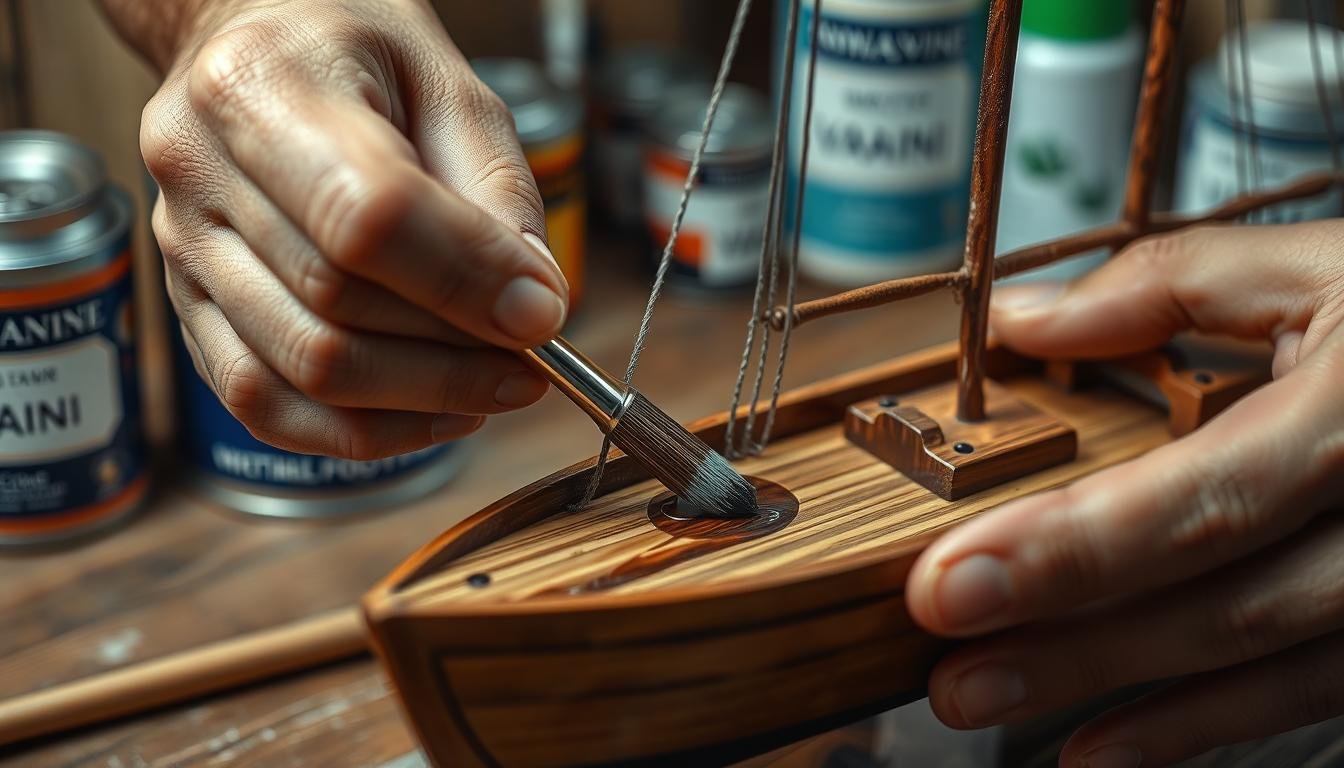 Versiegelung eines Geldgeschenk Hochzeit Schiff mit Bootslack für Wetterfestigkeit