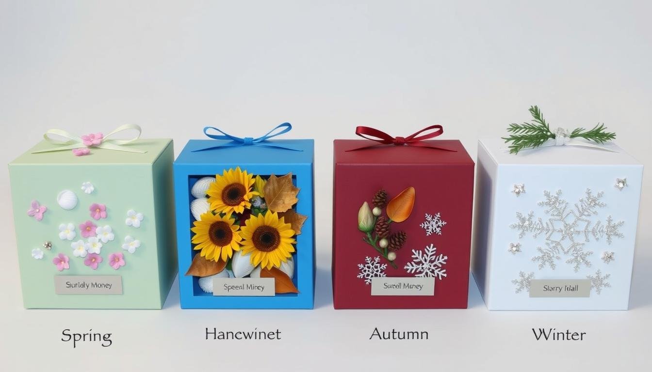 Vier saisonale Geldgeschenk Hochzeit Box Designs für Frühling, Sommer, Herbst und Winter Vier saisonale Geldgeschenk Hochzeit Box Designs für Frühling, Sommer, Herbst und Winter
