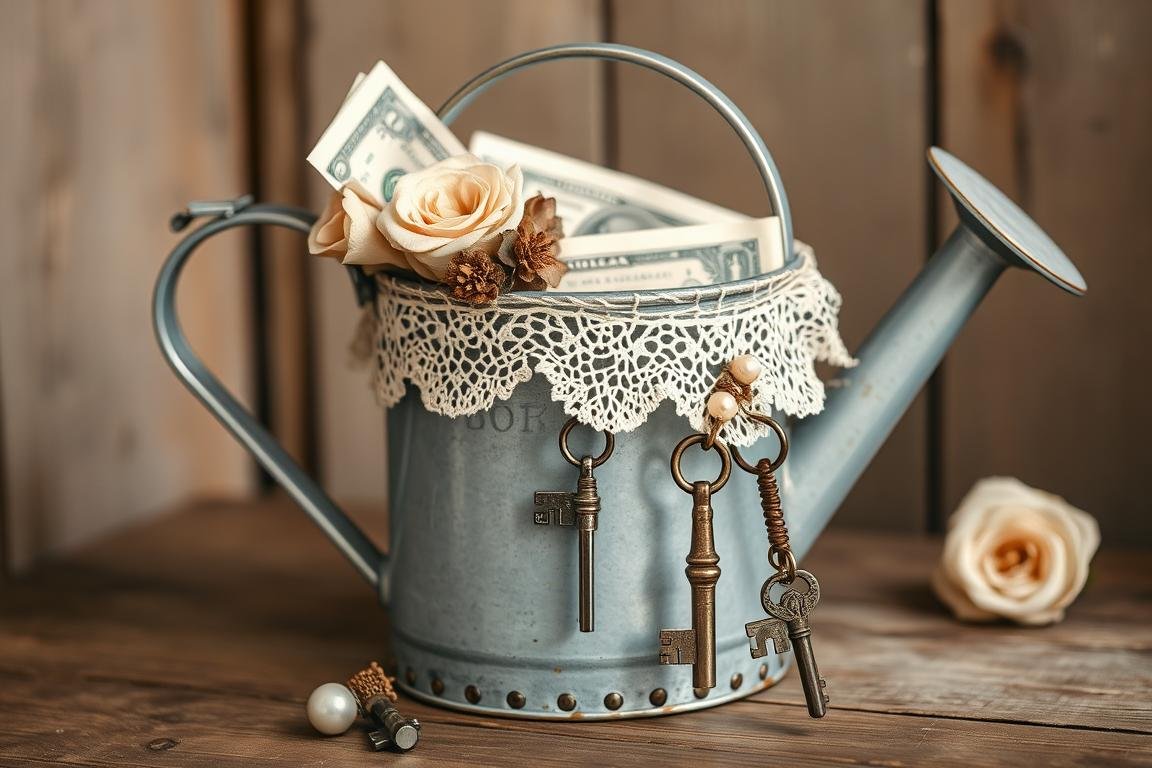 Vintage-Gießkanne im Shabby-Chic-Stil als Geldgeschenk für eine Hochzeit