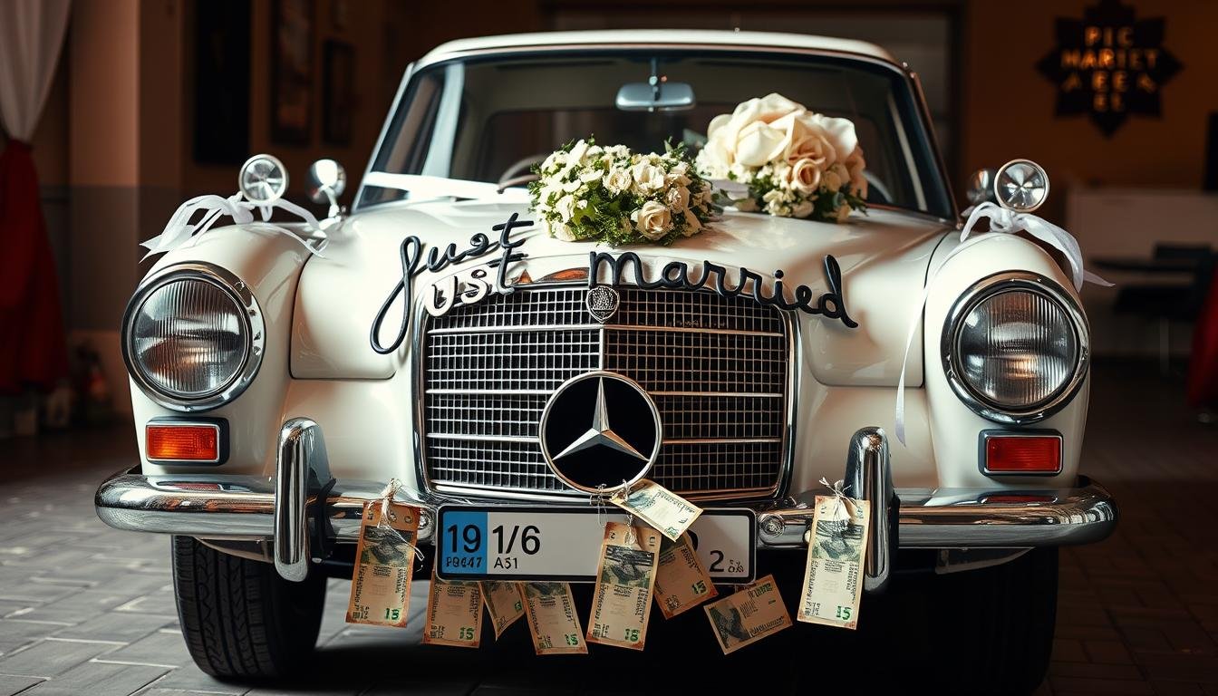 Vintage Mercedes als Just Married Auto mit Geldscheinen dekoriert