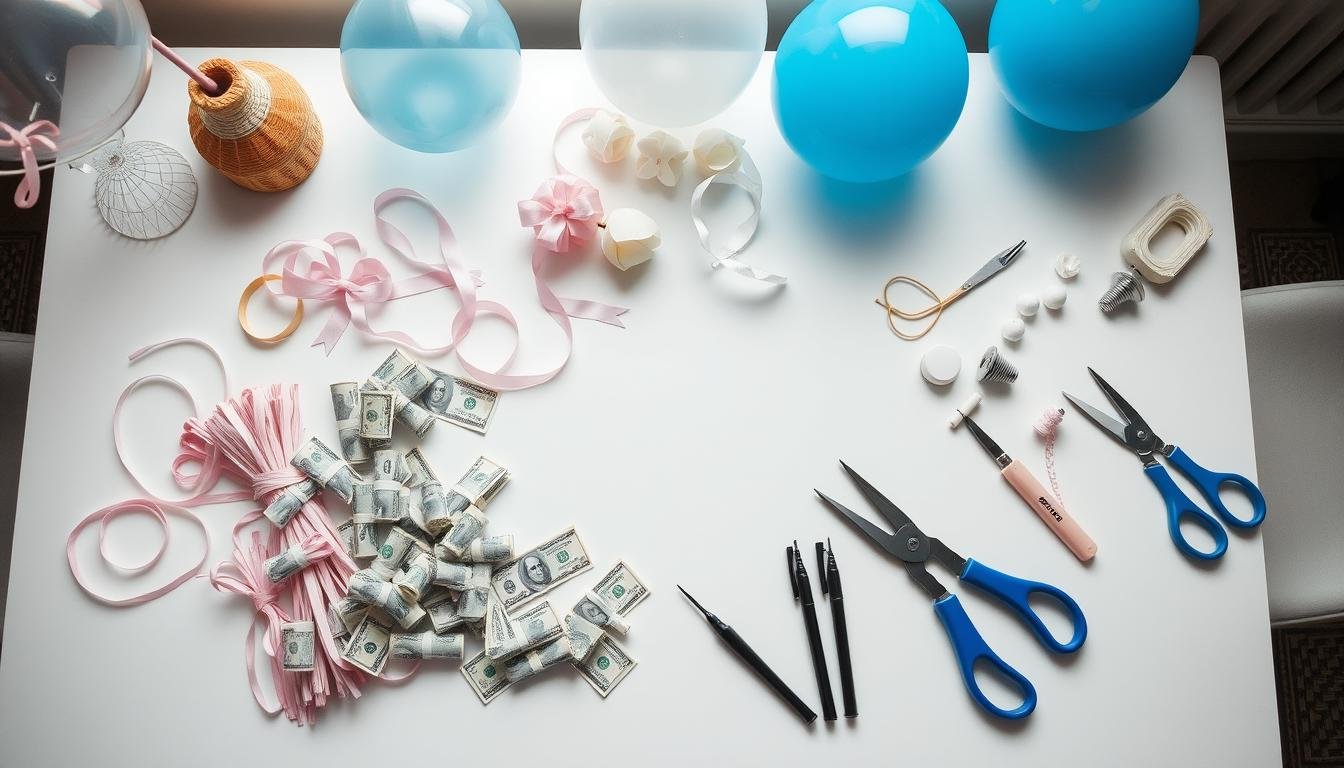 Vorbereiteter Arbeitsplatz für Geldgeschenk Hochzeit Ballon Vorbereiteter Arbeitsplatz für Geldgeschenk Hochzeit Ballon
