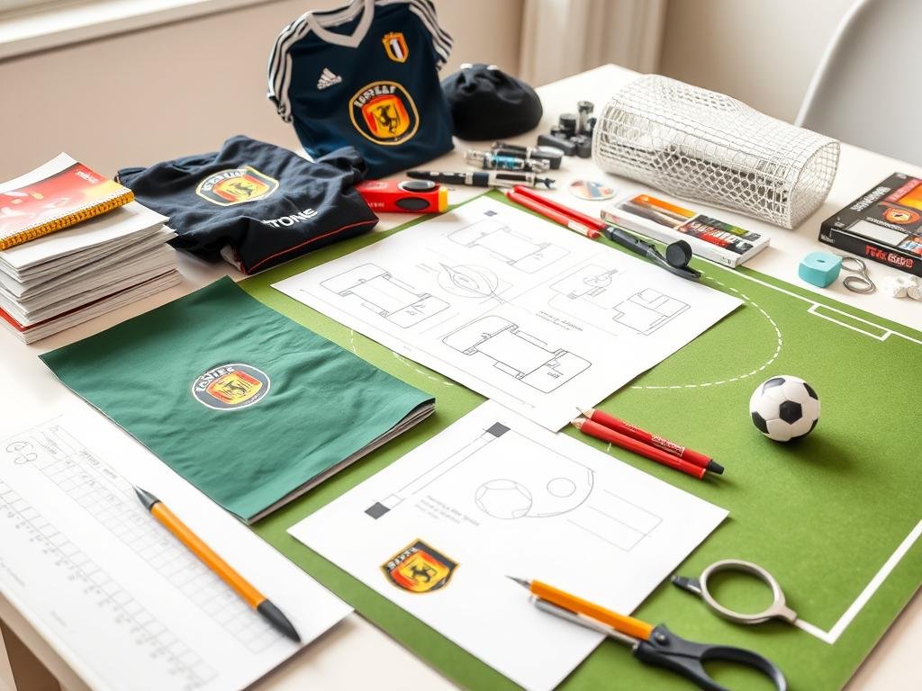 Vorbereitungsmaterialien für ein Fußball-Geldgeschenk mit Vereinsfarben und Logo