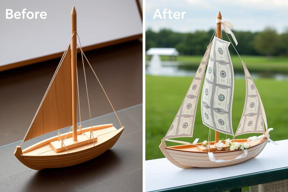 Vorher-Nachher-Vergleich eines Geldgeschenk Hochzeit Schiff für eine Feier am Söse-Stausee